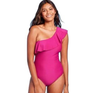 Kona Sol Ruffle One Shoulder Full Coverage Pink One Piece Swimsuit Large